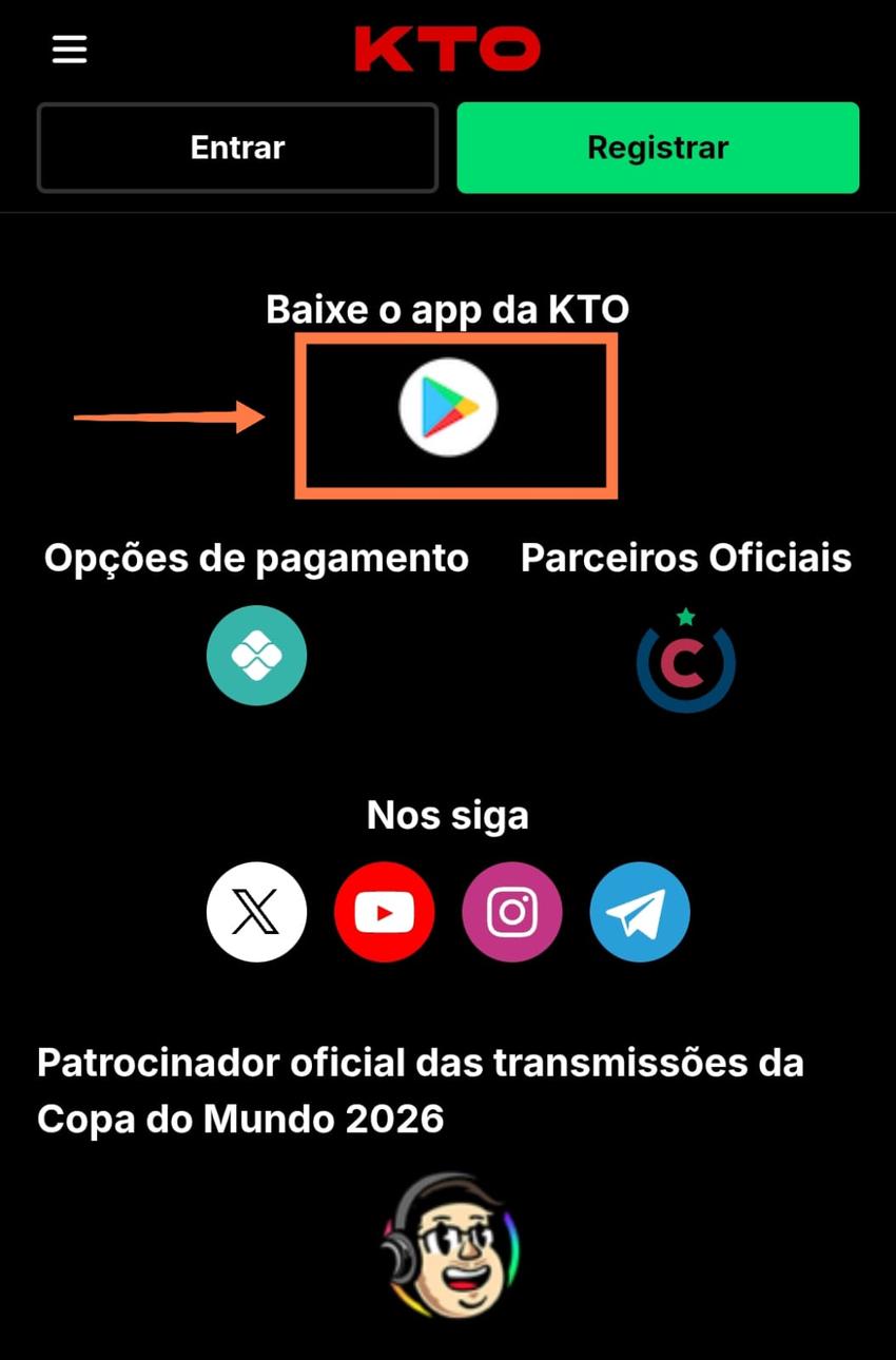 Captura de tela do site oficial da KTO com o botão para baixar o aplicativo para Android.