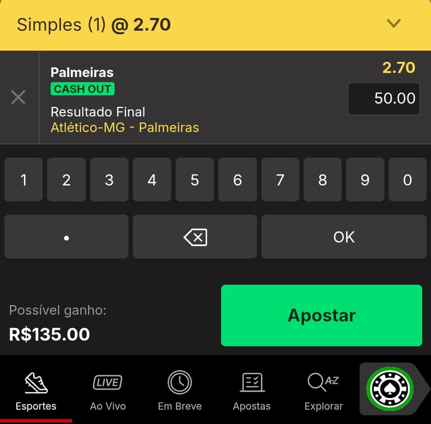 Captura de tela do bilhete de apostas na KTO com palpite no Resultado Final no Campeonato Brasileiro.