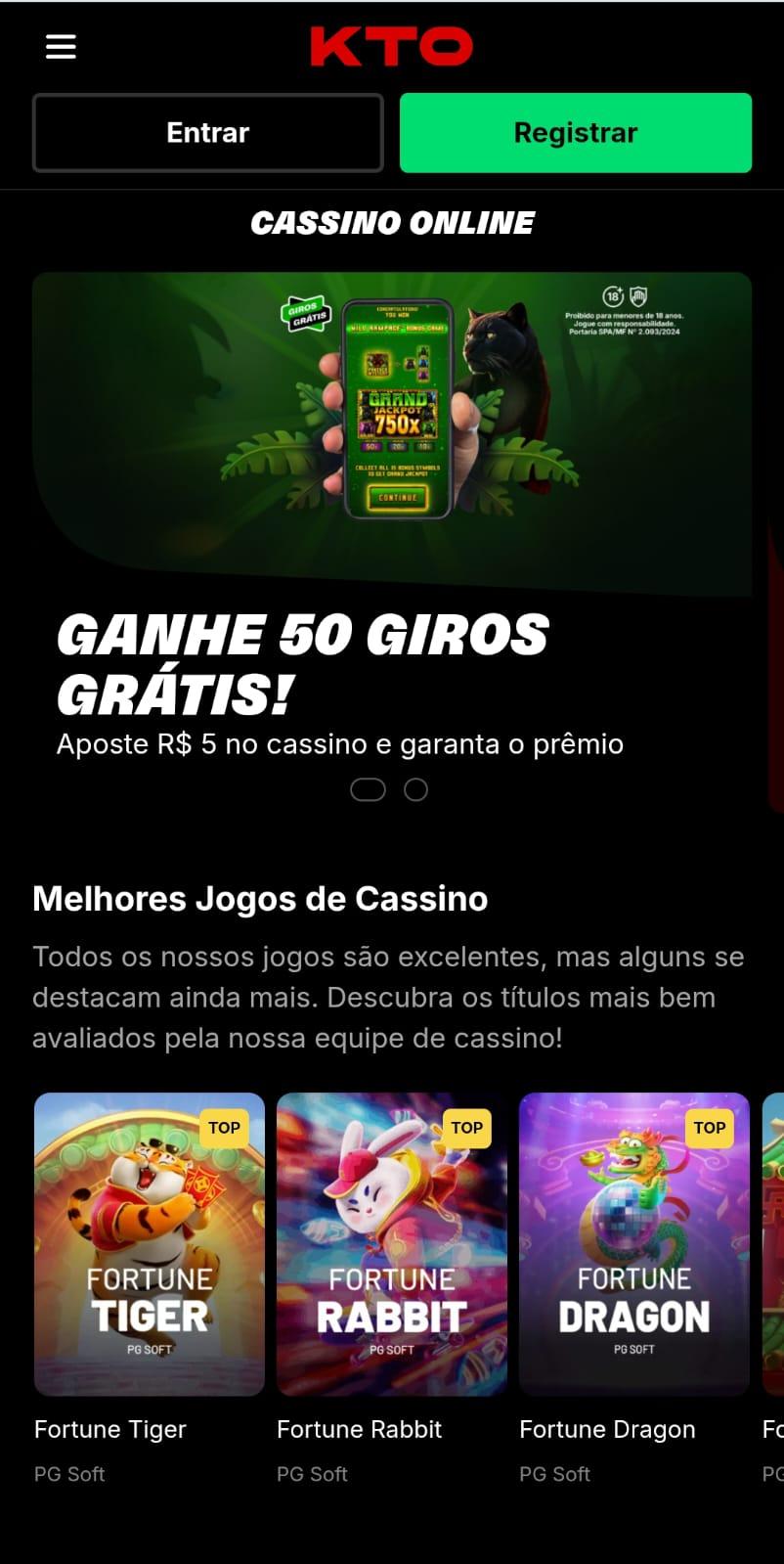 Captura de tela da KTO, um dos cassinos que aceitam Pix, exibindo os melhores jogos e a oferta de giros grátis.
