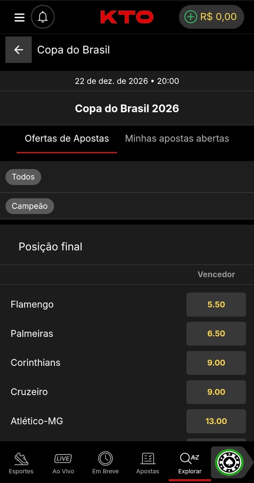 Captura de tela dos mercados de apostas de longo prazo para a Copa do Brasil na KTO.