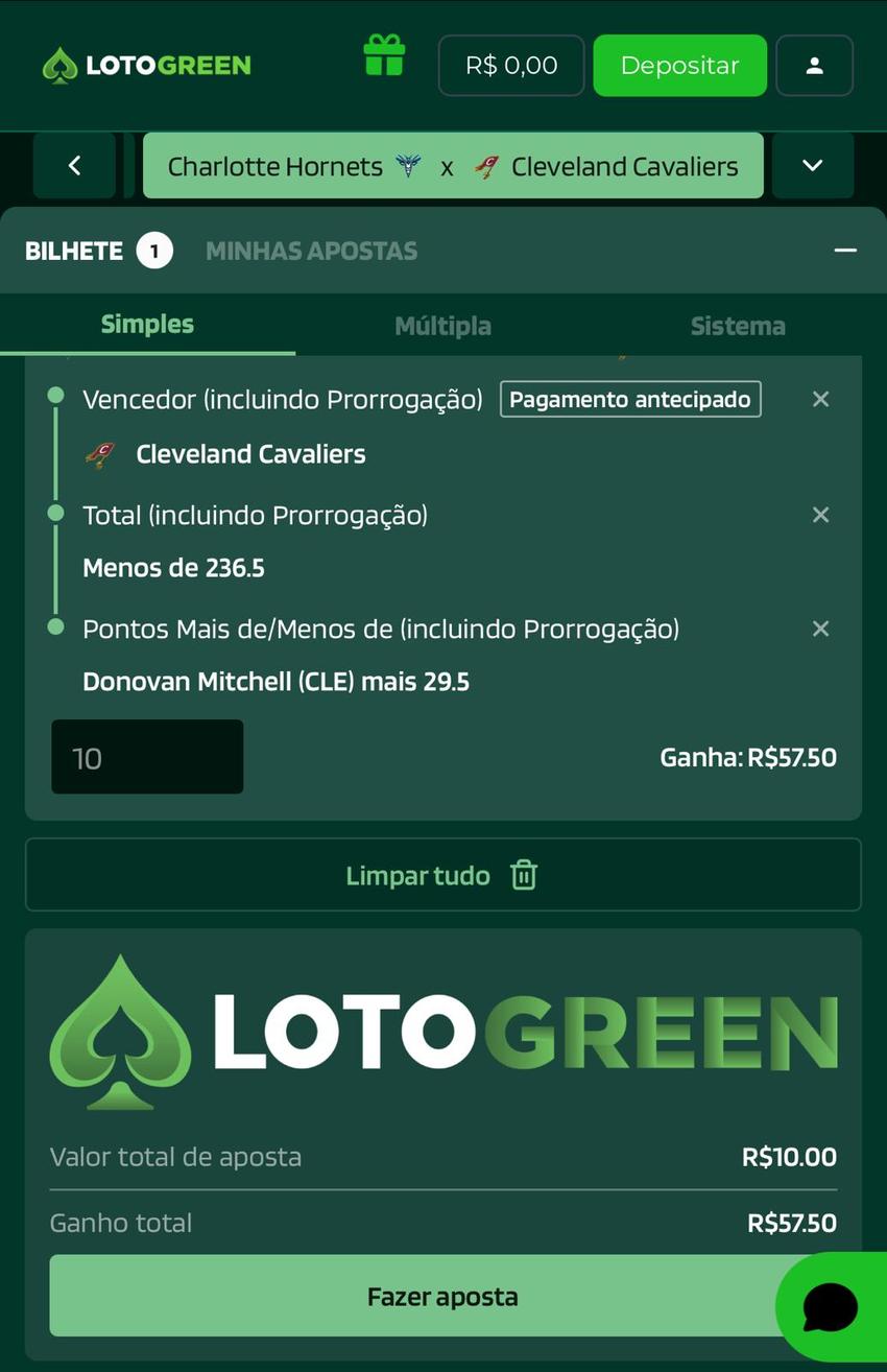 Captura da tela do Criar Aposta na NBA na Lotogreen.