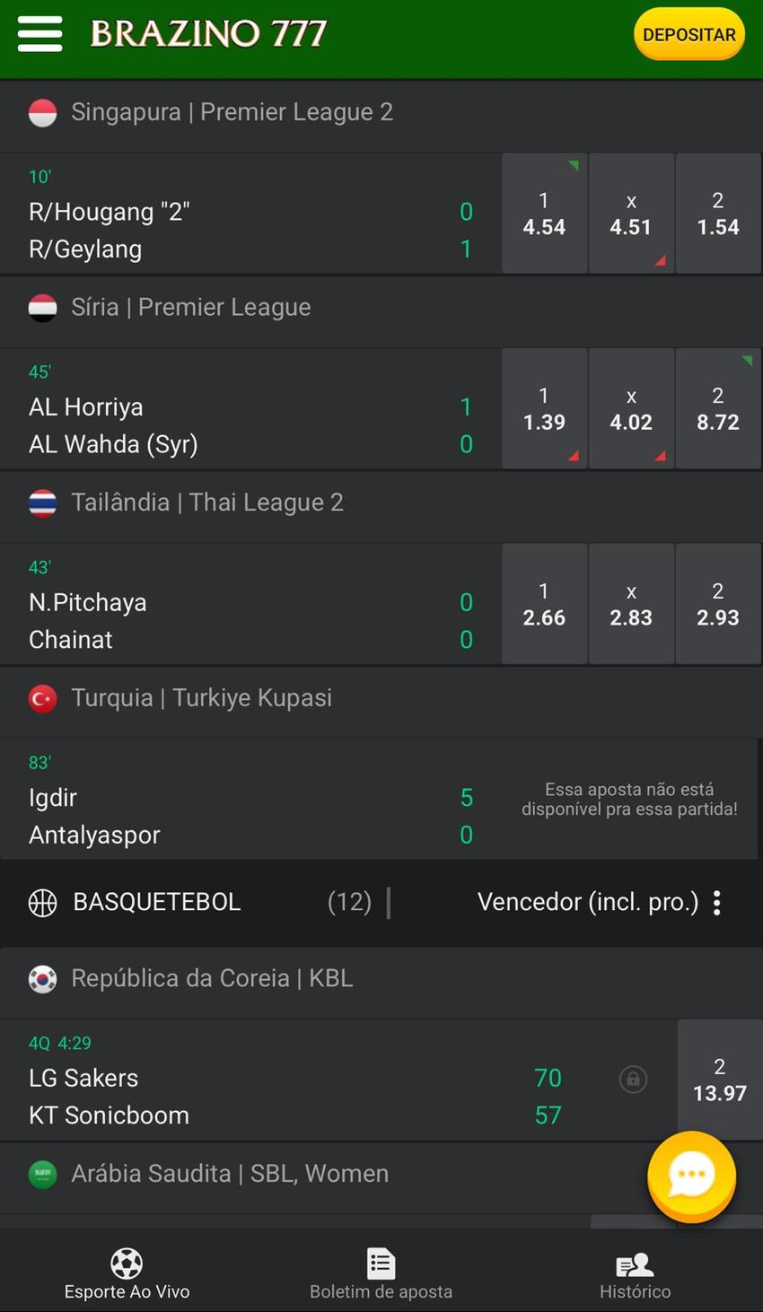 Captura da tela de apostas esportivas com odds atualizadas na Brazino777.