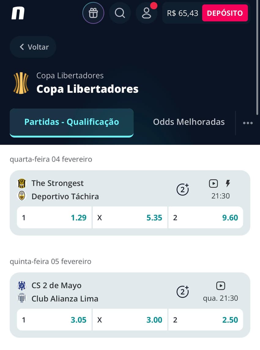 Captura de tela mostra os jogos da Libertadores com transmissão ao vivo na Novibet.