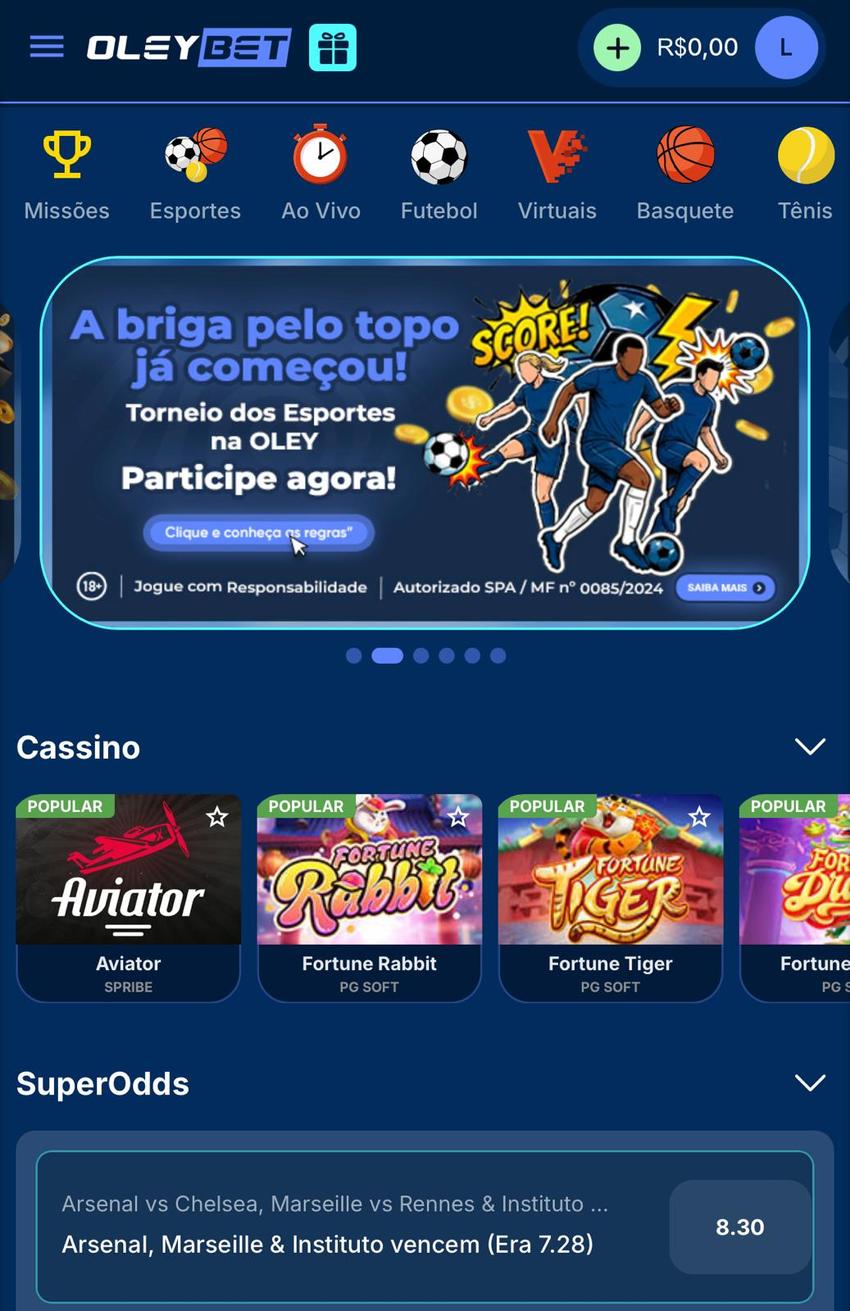 Captura da tela de apostas esportivas na Oley Bet.