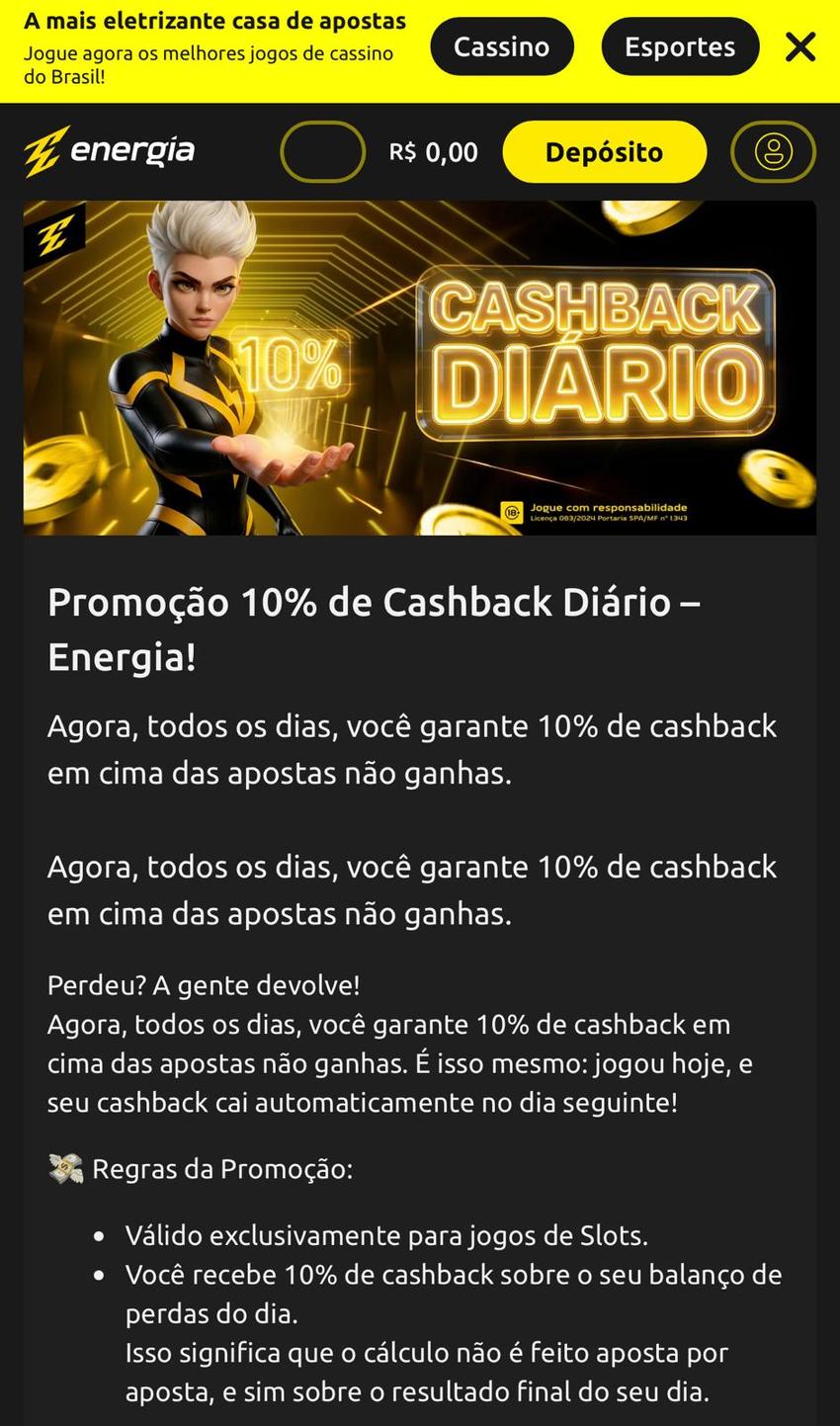 Captura de tela da promoção de cashback diário na Energia Bet.