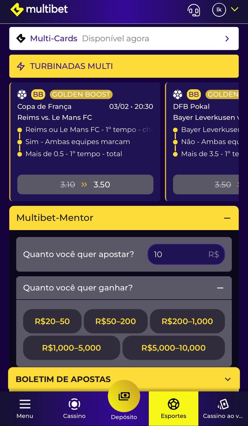 Captura da tela inicial de apostas esportivas na Multibet.
