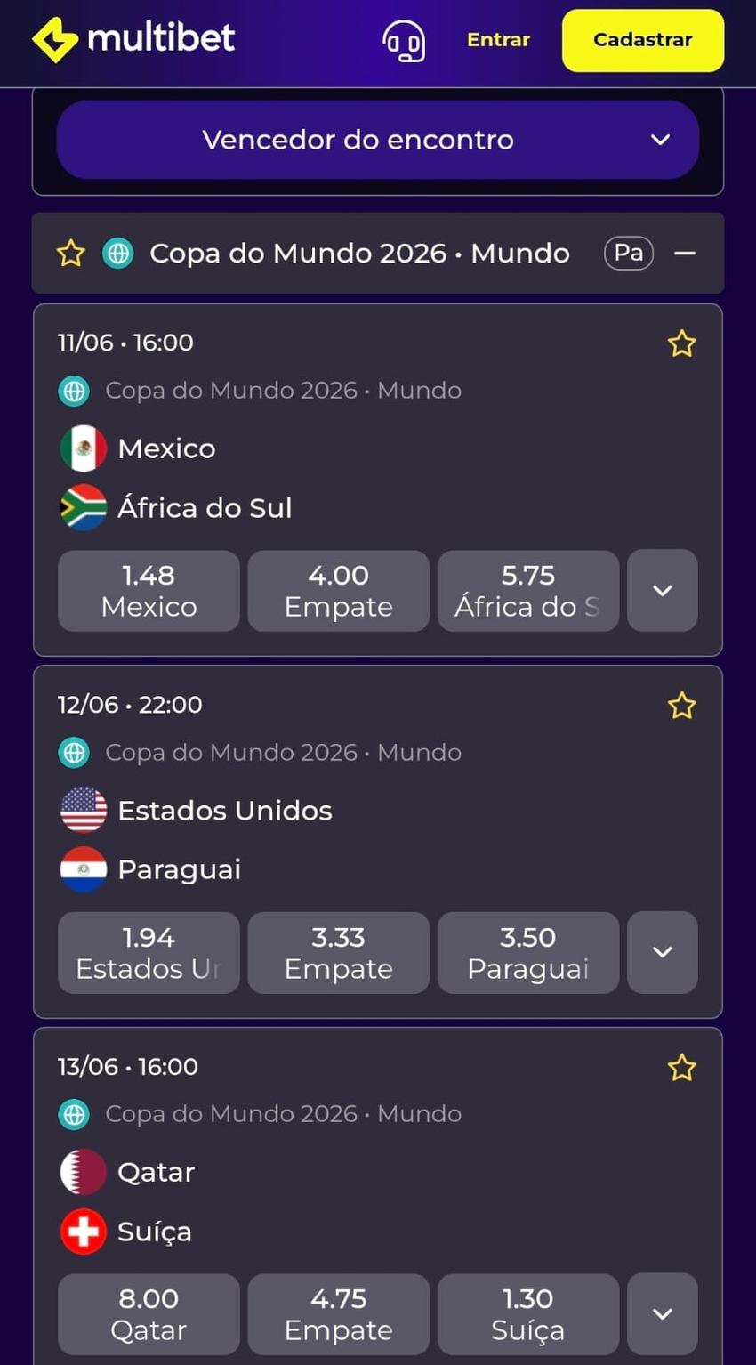 Captura de tela da Multibet com os jogos programados da Copa do Mundo 2026 e os mercados de apostas ativos.