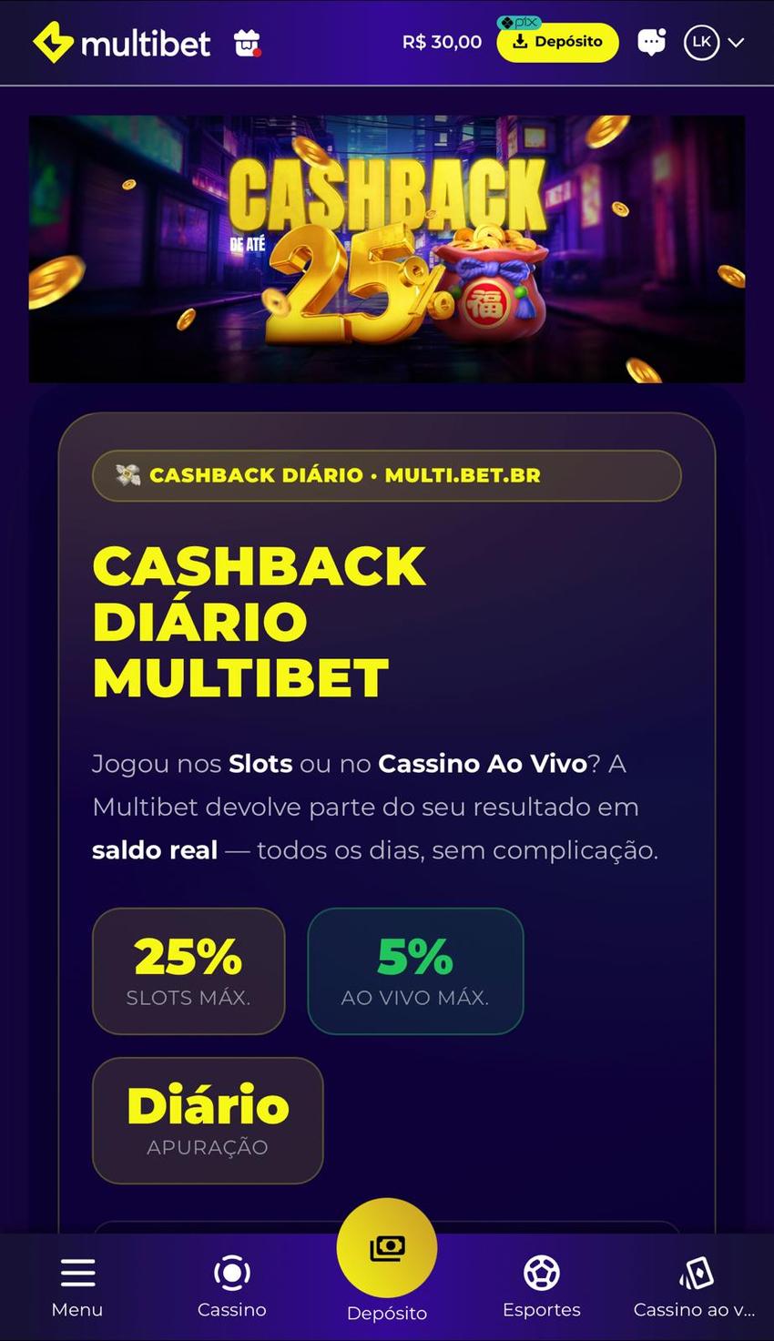 Captura de tela da promoção de 25% em slots na Multibet.