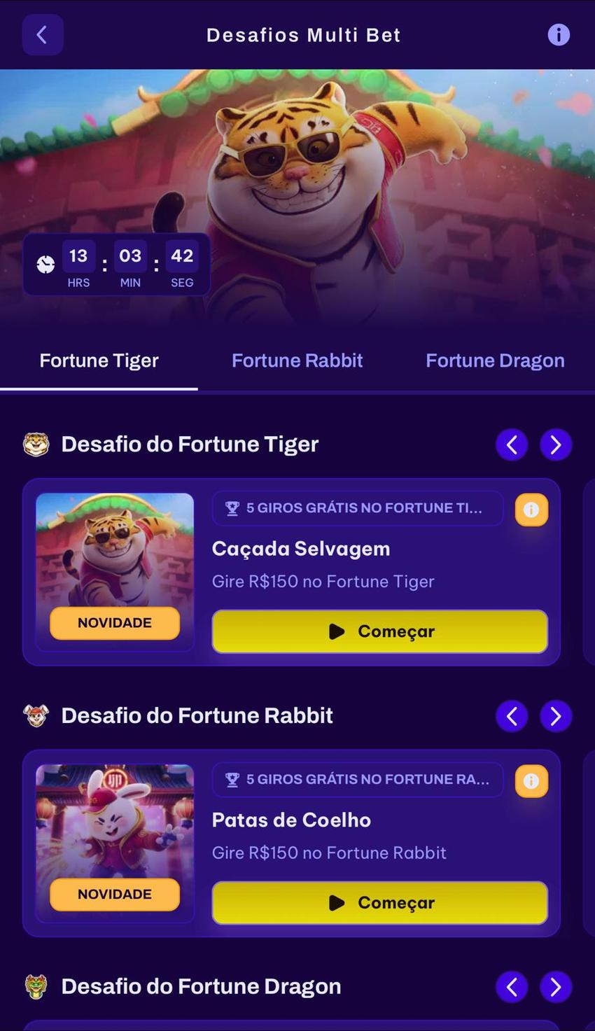 Captura de tela dos Desafios Multibet em slots da série Fortune.