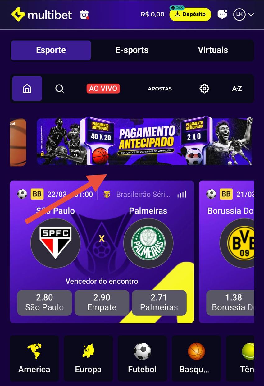 Captura da tela da promoção de Pagamento Antecipado na Multibet.