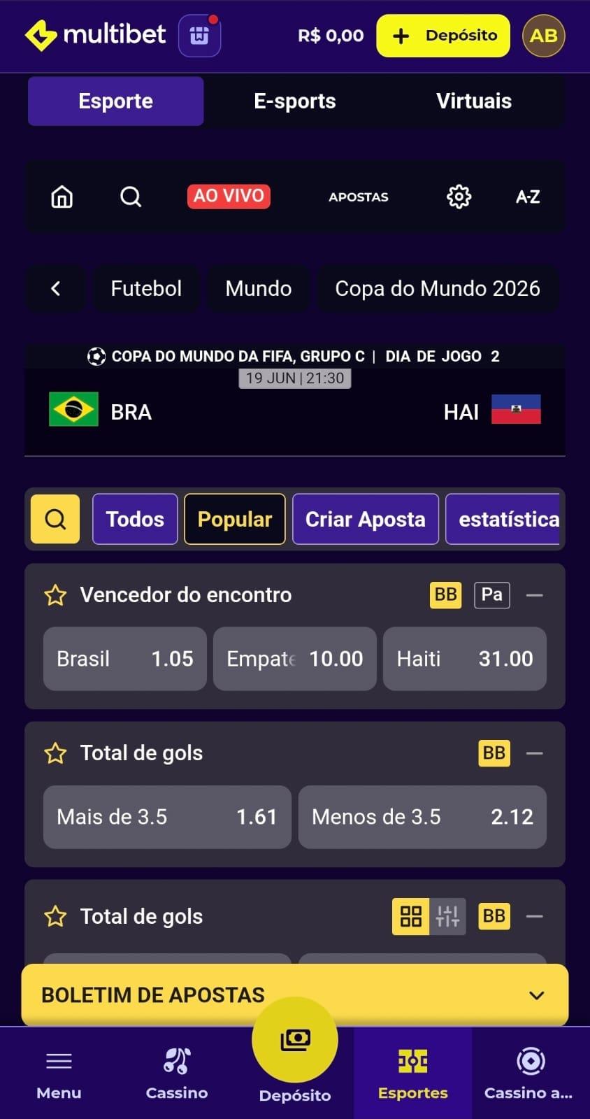 Captura de tela da Multibet Apostas com os mercados disponíveis para a Copa.