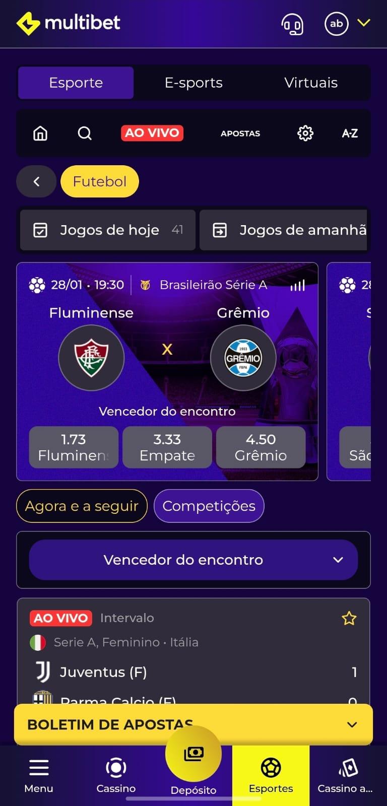 Captura de tela da página oficial da Multibet com cards dos jogos de futebol em destaque.