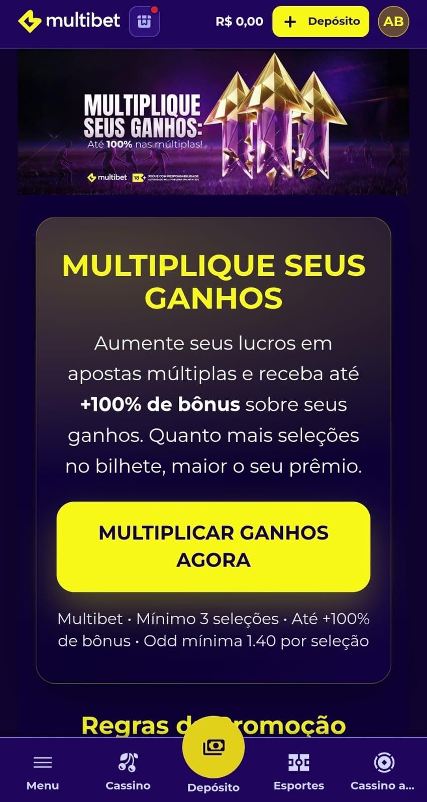 Captura de tela da oferta Multiplique Seus Ganhos da Multibet com detalhes do recurso.