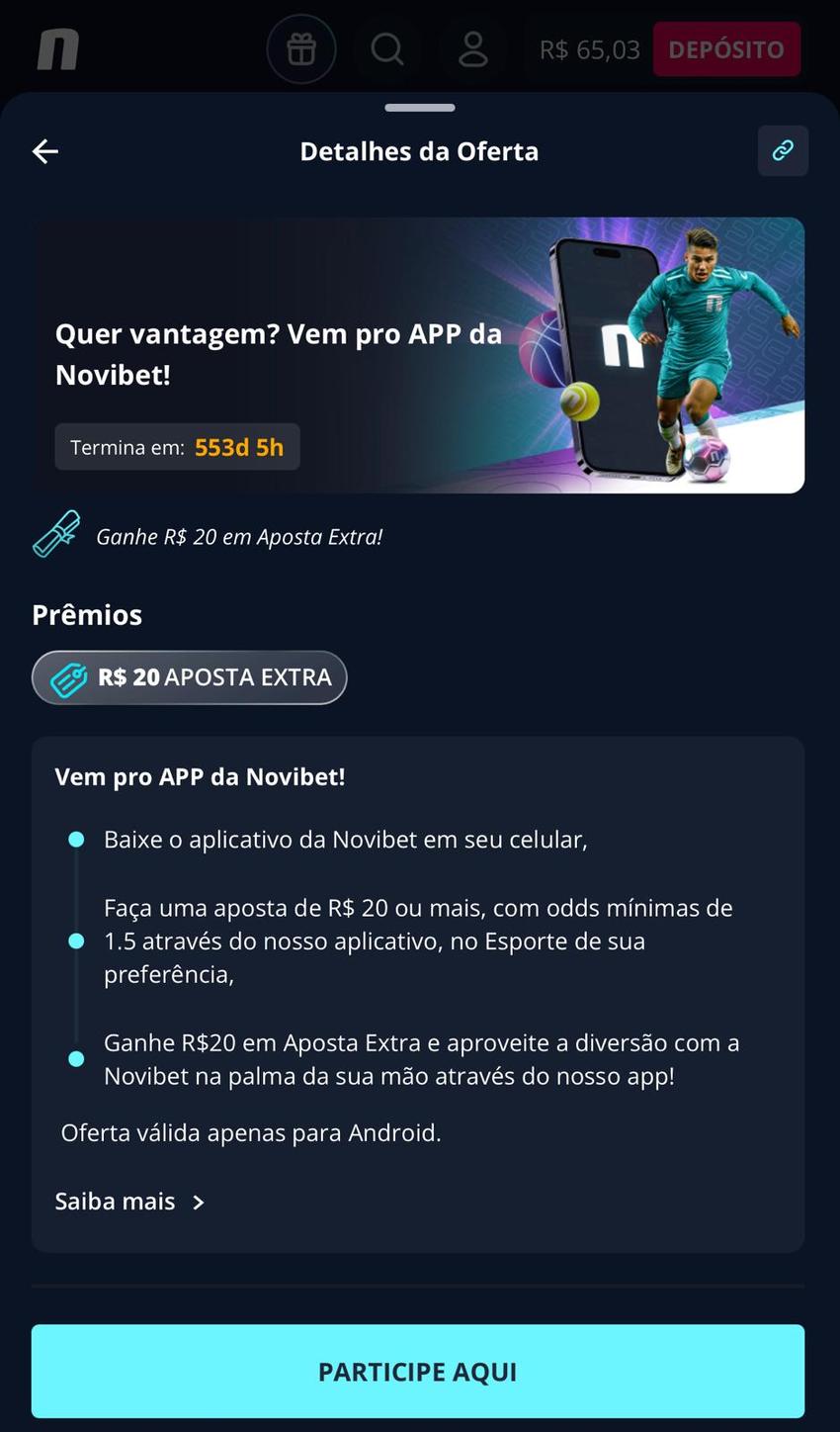 Captura da tela de aposta grátis no Novibet app.