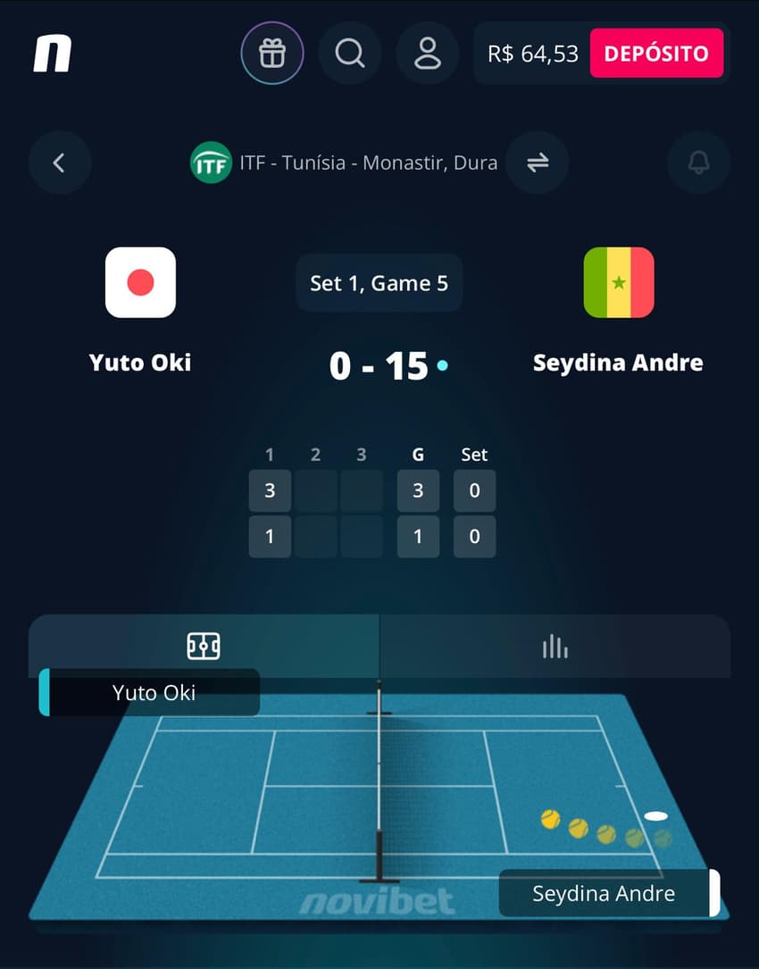 Captura da tela de quadra tática no Novibet App.