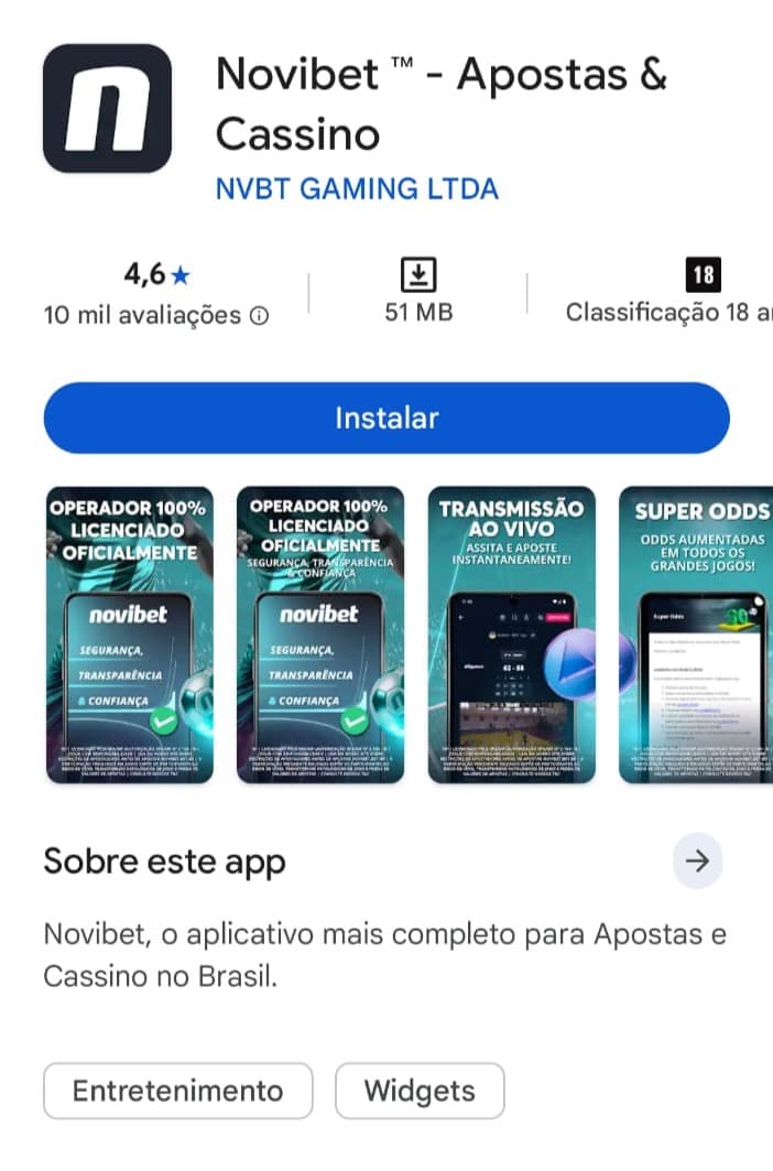 Captura de tela do Novibet app na Play Store.