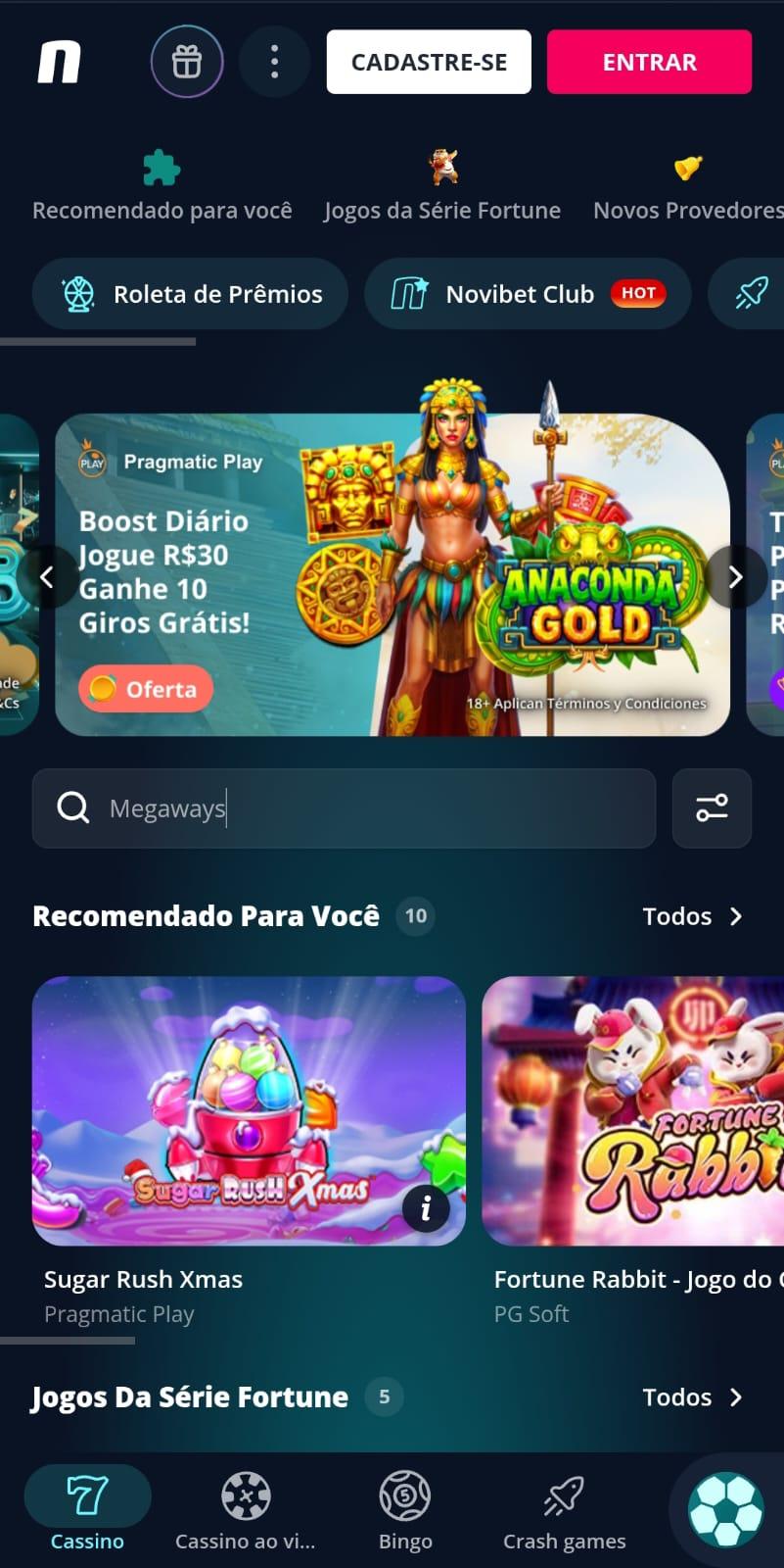 Captura de tela da Novibet com os jogos recomendados para quem quer jogar no cassino com Pix.
