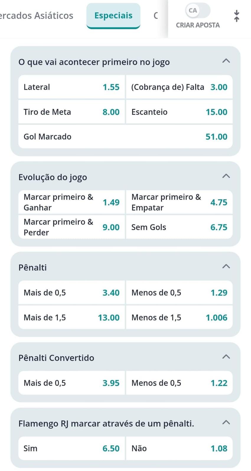 Captura de tela dos mercados de apostas especiais na Novibet com as odds atualizadas no dia 29/01/2026 às 11:51 para o jogo entre Flamengo e Corinthians.