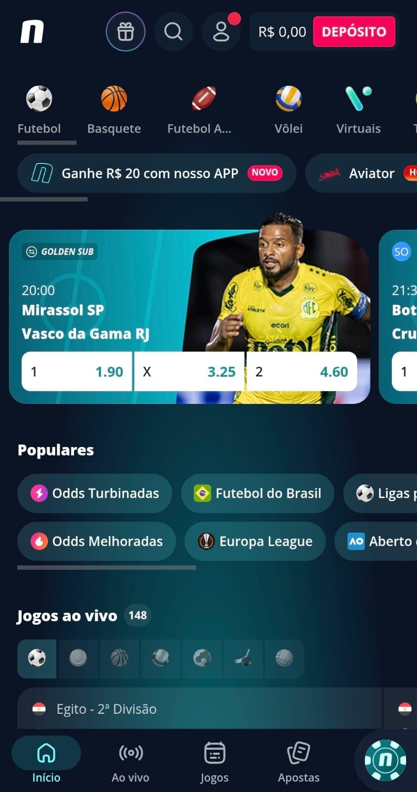 Captura de tela da Novibet com as odds atualizadas do jogo entre Mirassol e Vasco em 29/01/2026 às 11:39.