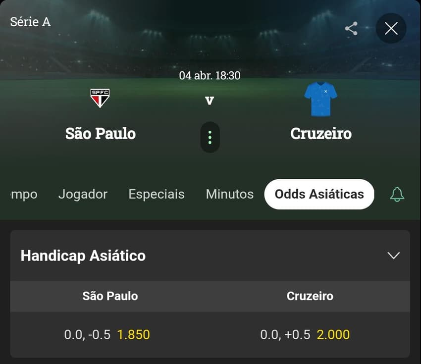 Captura de tela da aba "Odds Asiáticas" com Handicap Asiático na bet365.