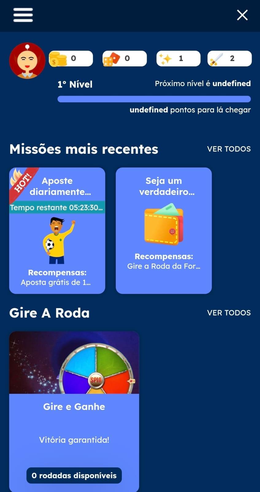 Captura de tela das Missões disponíveis na Oleybet com rodadas grátis e torneios.