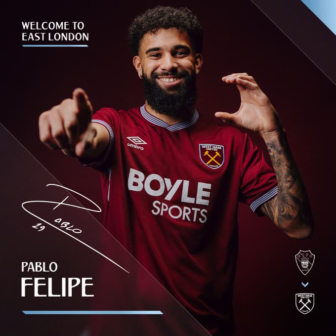 Pablo Felipe, nova aquisição do West Ham (Foto: Reprodução X/@WestHam)