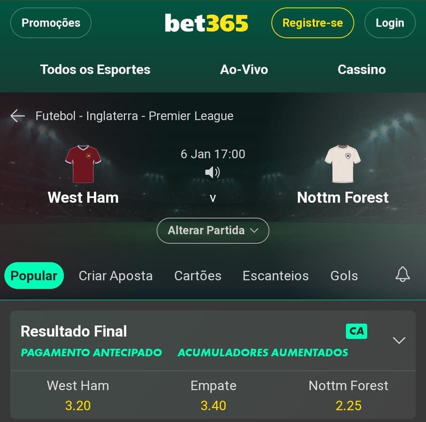 Captura de tela do mercado Resultado Final com Pagamento Antecipado na bet365