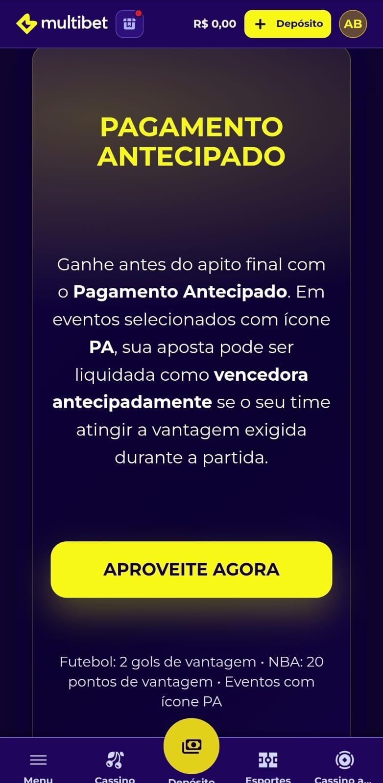 Captura de tela da promoção Pagamento Antecipado na Mutibet com detalhes do funcionamento.