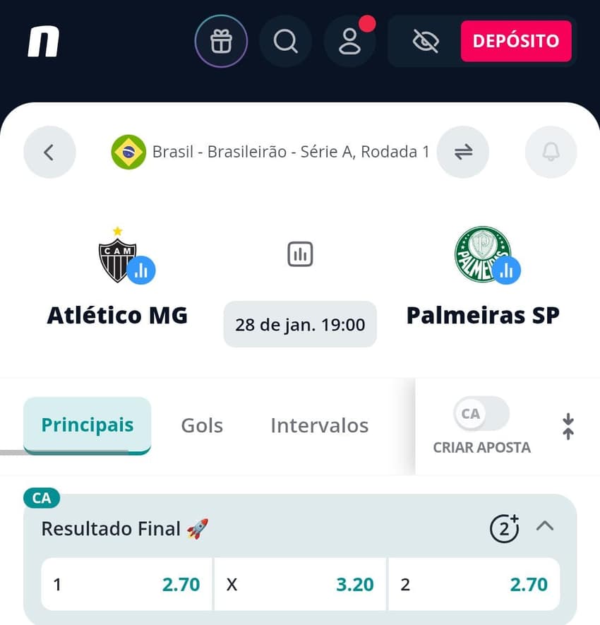 Captura de tela do Pagamento Antecipado da Novibet no Brasileirão.