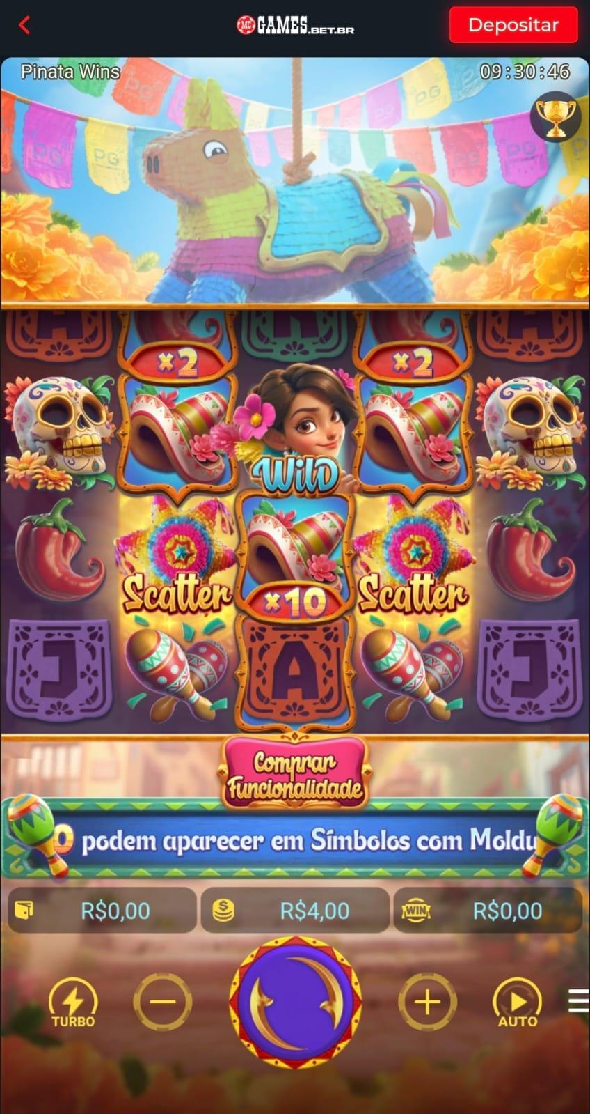 Captura de tela do slot Pinata-Wins na página oficial da McGames, com detalhes dos rolos e botões de apostas.