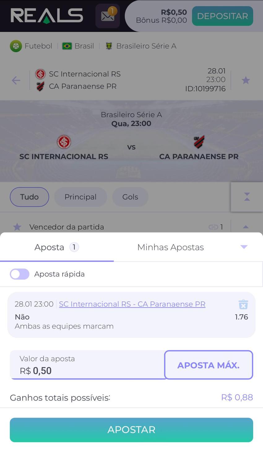 Captura da tela de aposta no site móvel como alternativa ao Realsbet App.