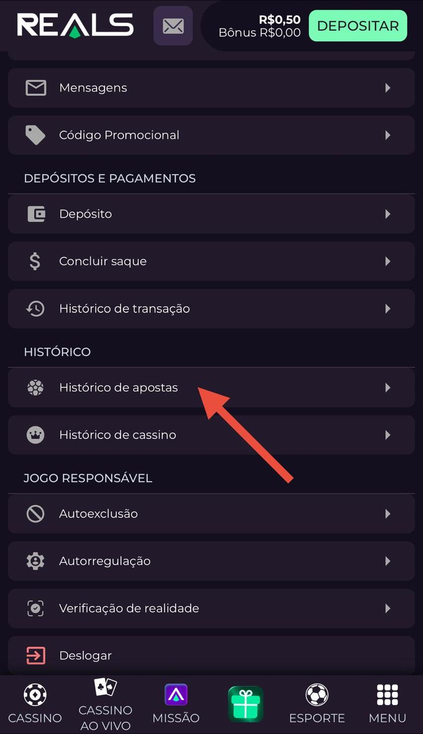 Captura da tela do histórico de apostas na Realsbet.