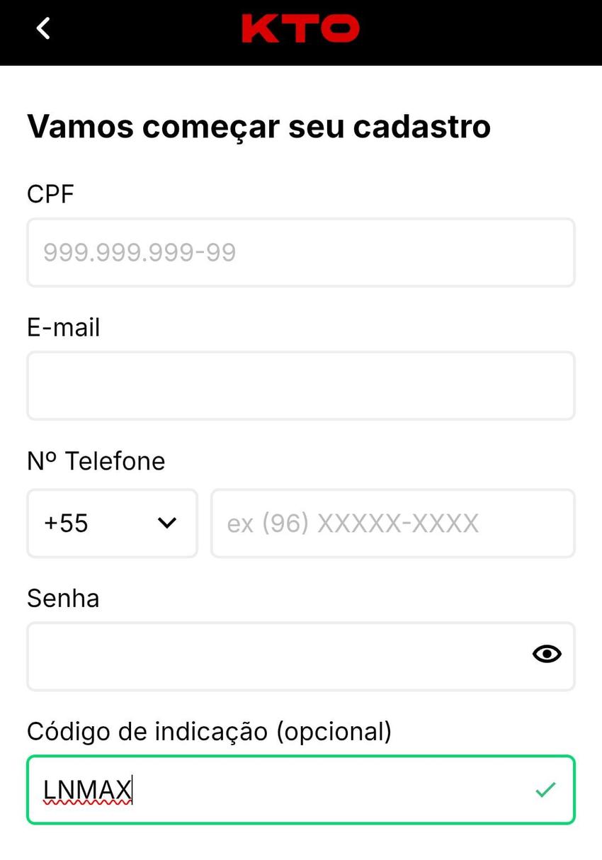 Captura de tela do registro no cassino KTO