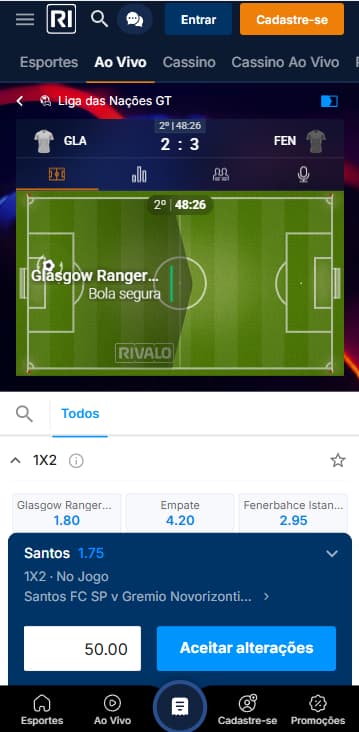 Apostas ao vivo na Rivalo com campinho virtual e placar