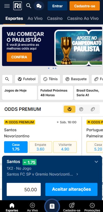 Página inicial do site mobile da Rivalo com destaques esportivos