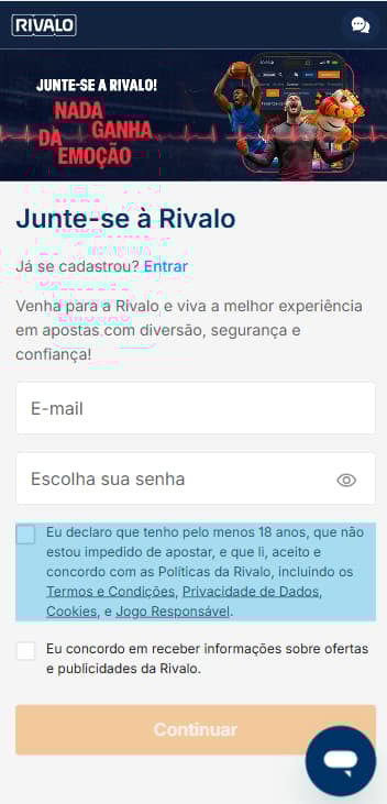 Tela de cadastro na Rivalo para criação de nova conta
