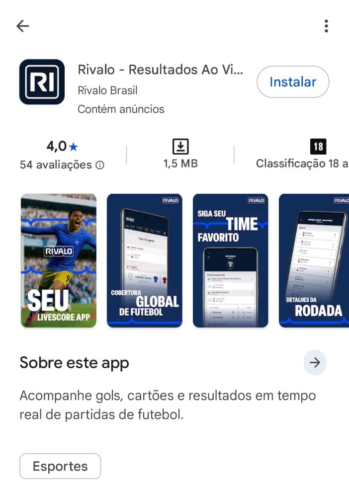 Captura de tela do aplicativo da Rivalo na Play Store.