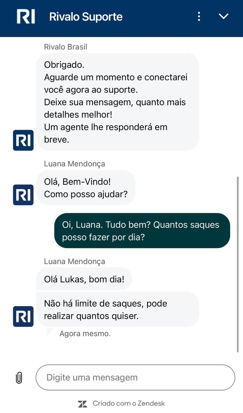 Captura da tela de atendimento da Rivalo via chat 24 horas.