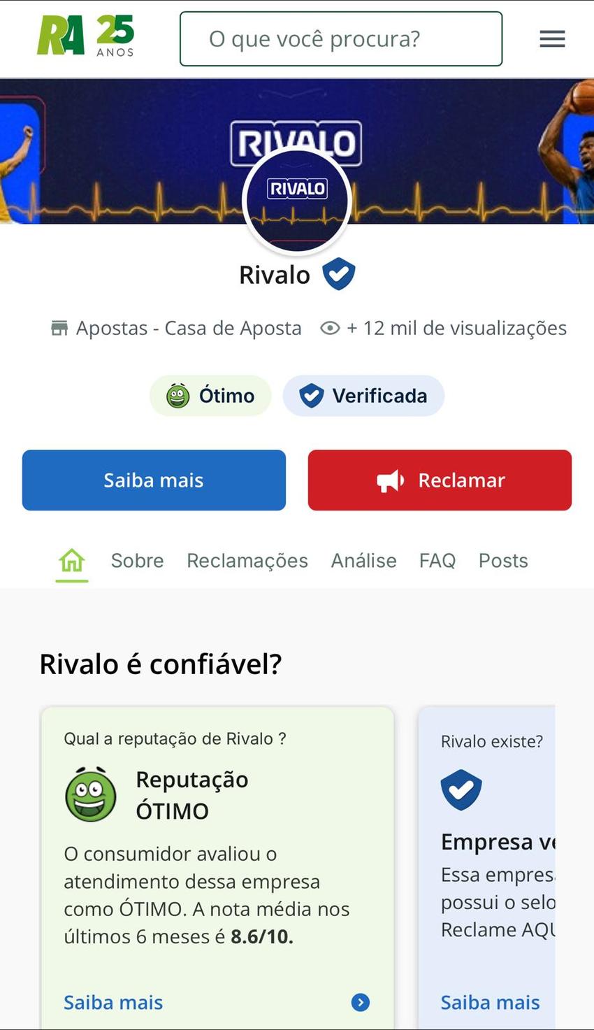 Captura de tela da conta da Rivalo no Reclame Aqui.
