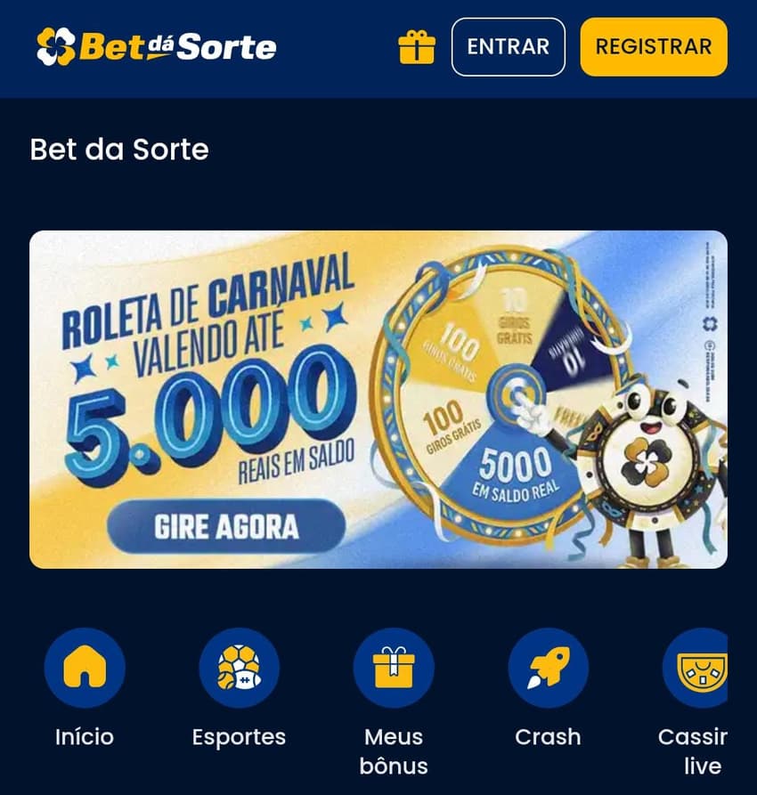 Captura de tela da plataforma nova Bet dá Sorte.