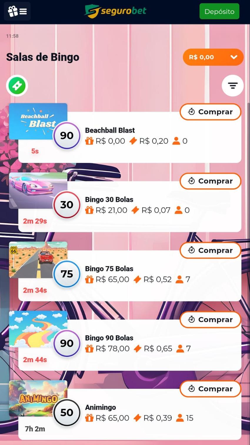 Captura de tela de salas de bingo online na Segurobet