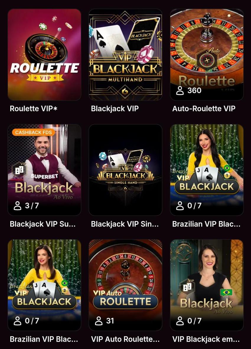 Captura de tela das salas VIPs da Superbet Cassino