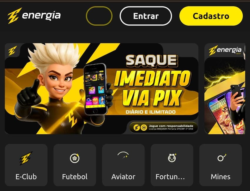 Captura de tela do saque imediato via Pix da Energia Bet.