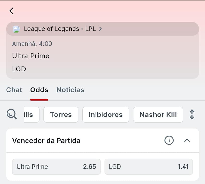 Captura de tela da Superbet com aposta em partida de League of Legends.