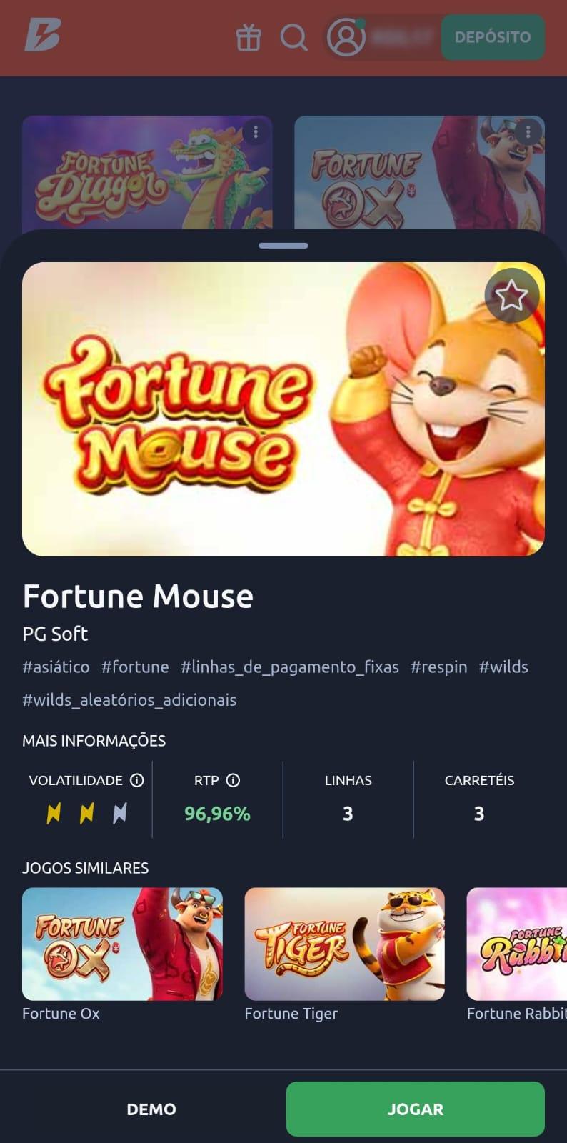 Captura de tela da slot com RTP alto Fortune Mouse no cassino Betano.