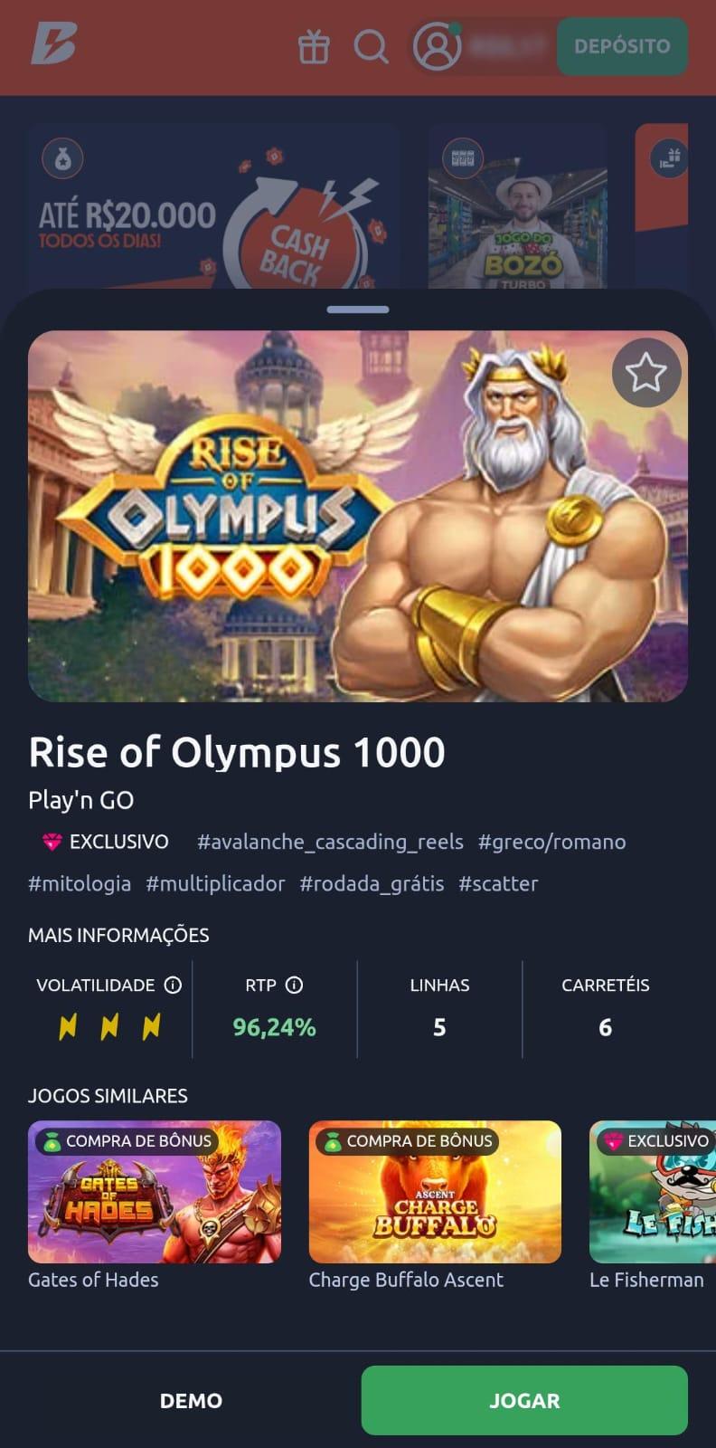Captura de tela da slot para jogar de graça na Betano Rise of Olympus.