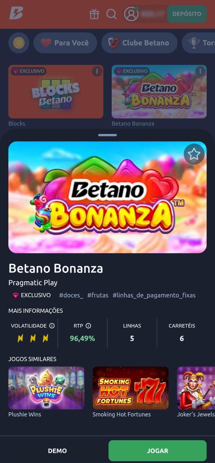  Captura de tela da slot exclusiva que mais paga da Betano chamada Betano Bonanza.