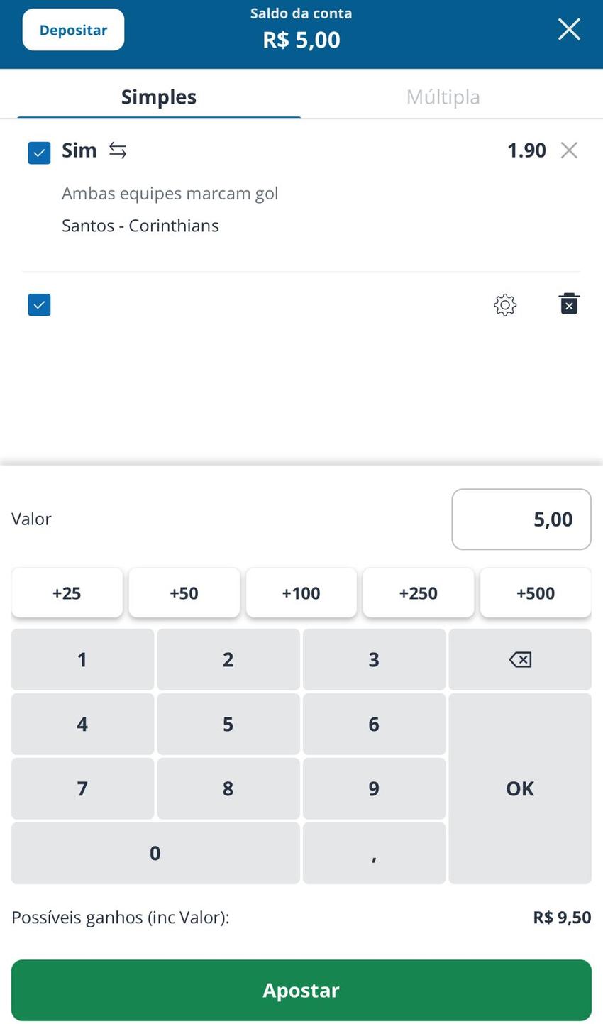 Captura de tela do bilhete de apostas no Sportingbet App.