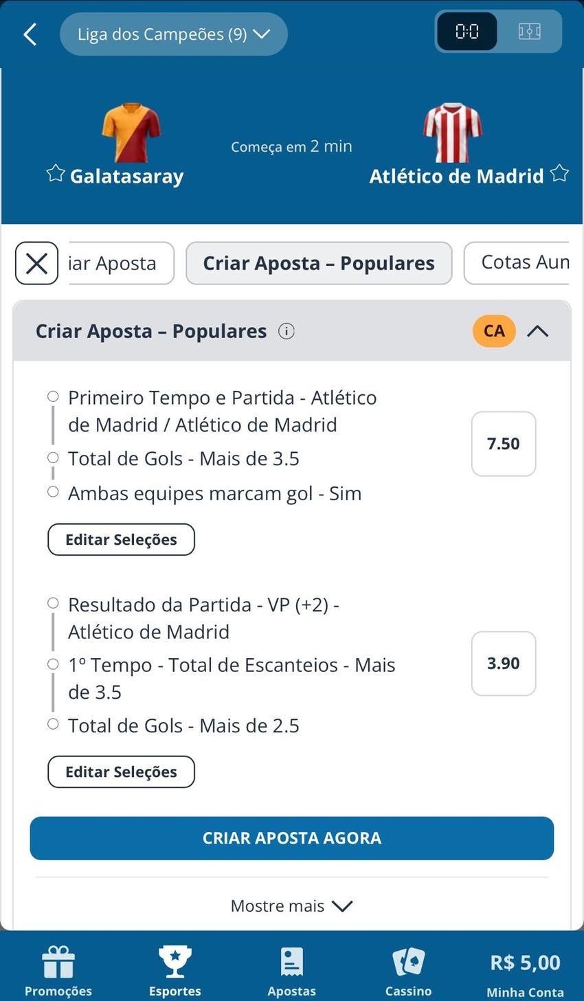 Captura da tela de Criar Aposta na Sportingbet.