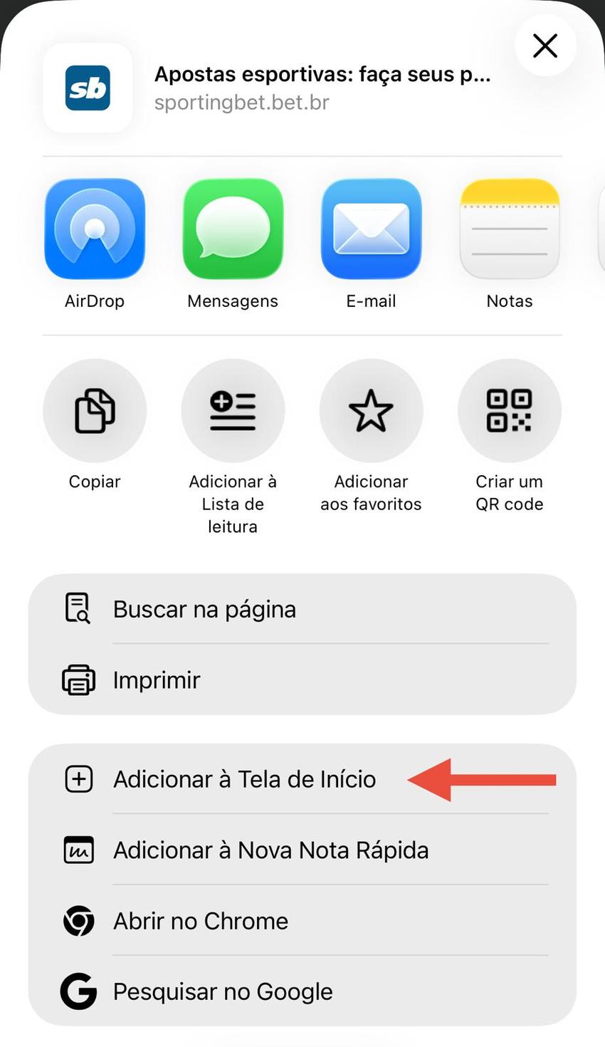 Captura da tela de atalho do Sportingbet App iOS.